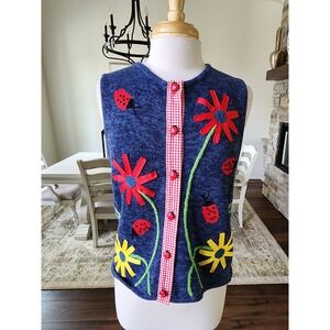 VTG Bechamel Sweater Vest Sz S Ribbon Flower Beaded Ladybug Artsy Teacher Spring